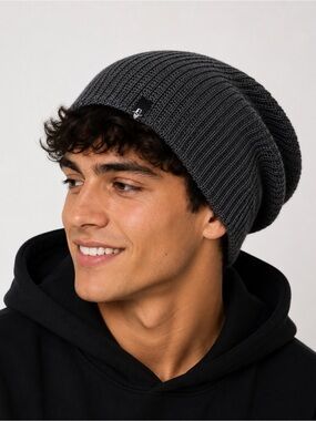 Reversible Slouch Beanie Gray Black Knit Winter Hat Stretch Unisex FORBUSITE